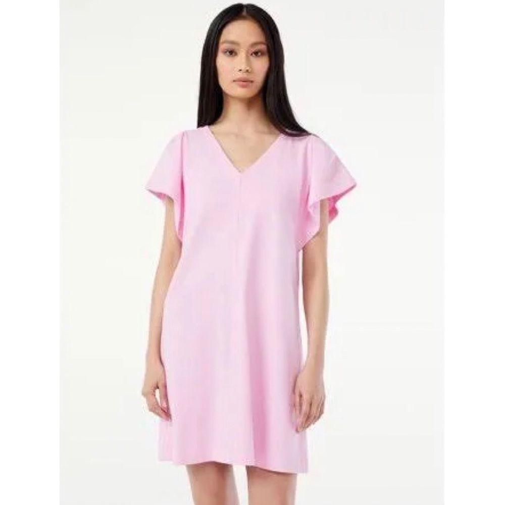 Free Assembly Women's V-Neck Dress with Flounce Sleeves Pink